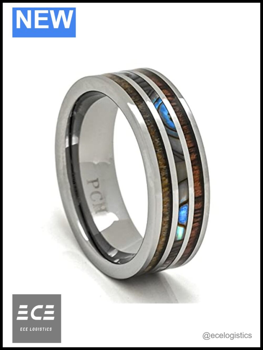 Tungsten Ring 8mm Deer Antler Koa Wood Abalone Inlay Wedding Band